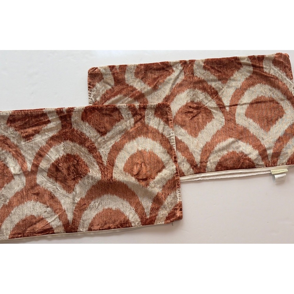 Pottery Barn Carmelia Velvet Ikat Lumbar Pillow Covers Pair Rust Cream 16 x 26